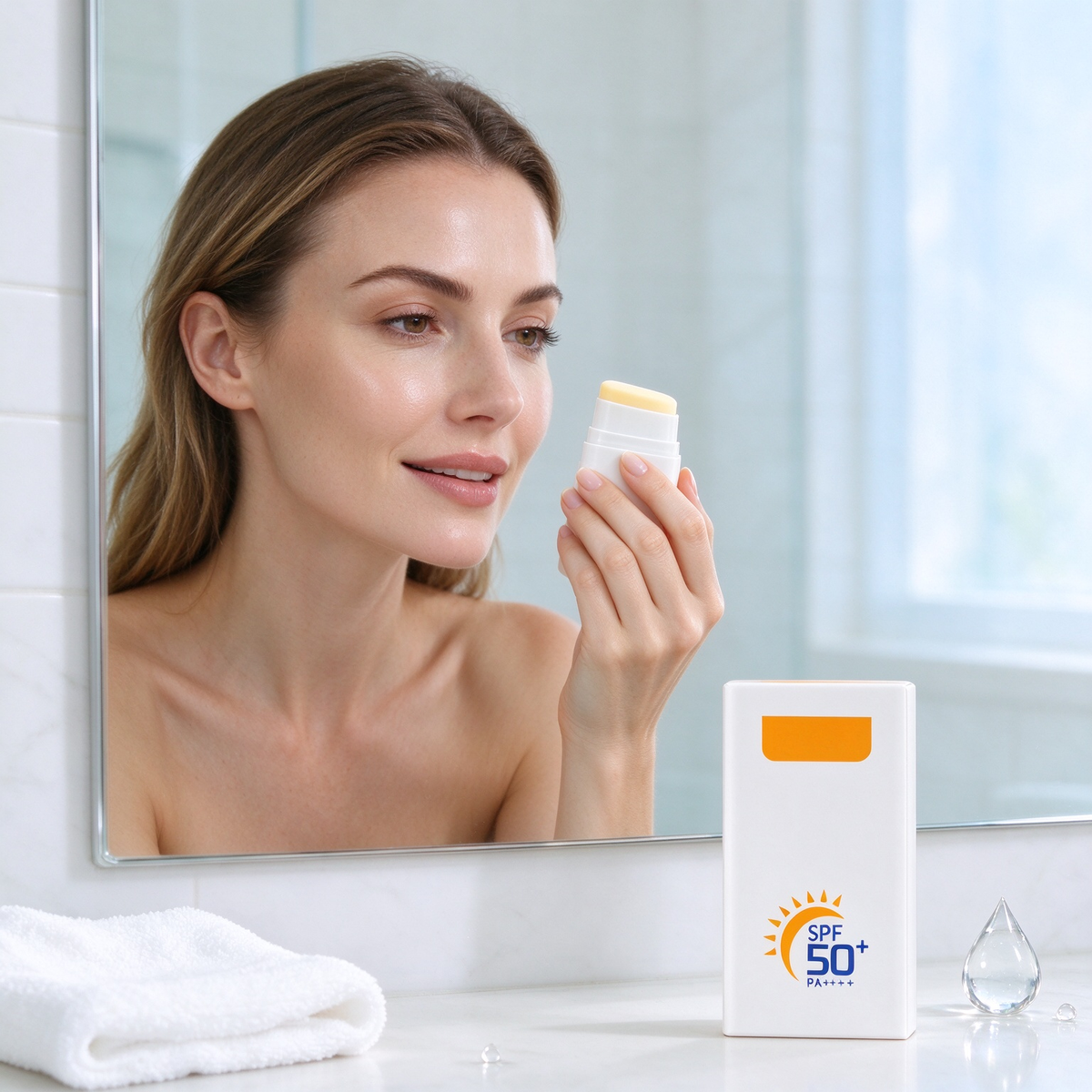 忙しい日の外出前に、手軽に紫外線対策を。SPF50+ 日焼け止めスティック|太陽のようなオレンジと清潔感のあるホワイトで彩る、毎日のUVケア習慣