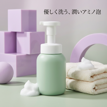 ラベンダーの小物と合わせた泡洗顔ボトル