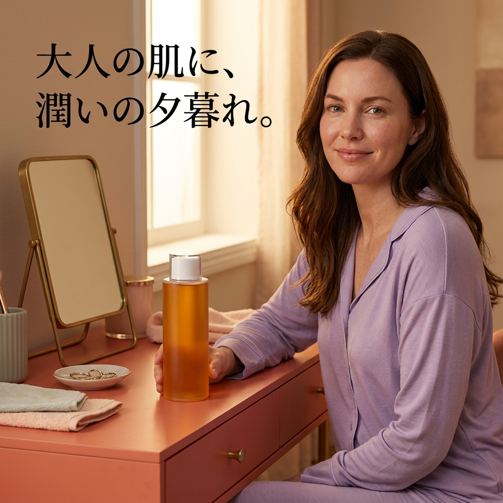 くつろぎの空間に女性モデルと化粧水を配置したイメージ