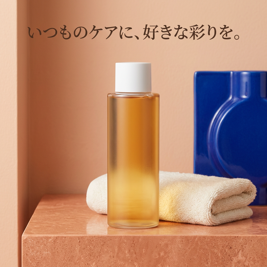 タオルと色鮮やかな小物を添えた化粧水