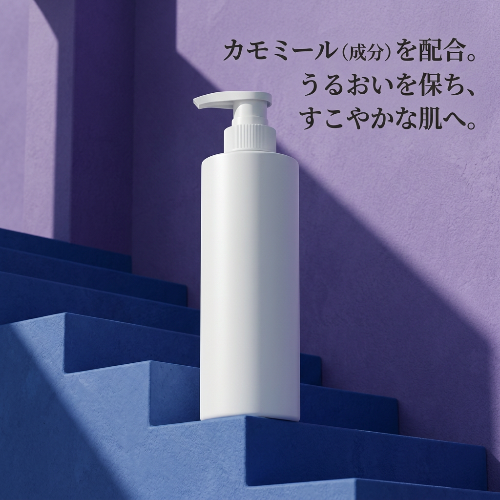 ブルーの段状の台で低い角度から見た白い乳液ボトル