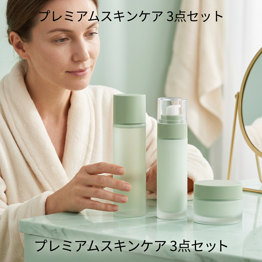 女性モデルが化粧水を持ち乳液とクリームを並べたイメージ