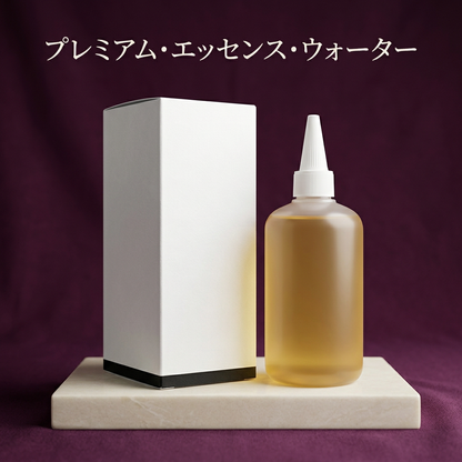プラムの背景に置いた琥珀色の美容液化粧水と外箱