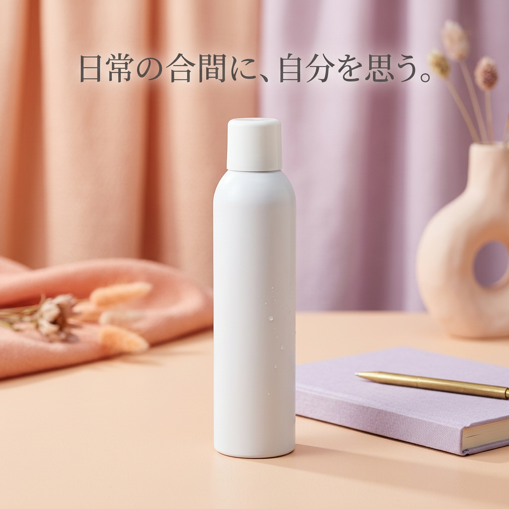ノートと白いミストボトルを置いた休憩時間のイメージ