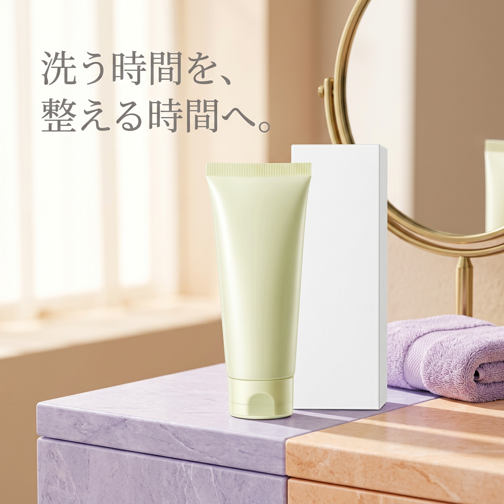 ラベンダーとピーチの洗面台に置いた洗顔料