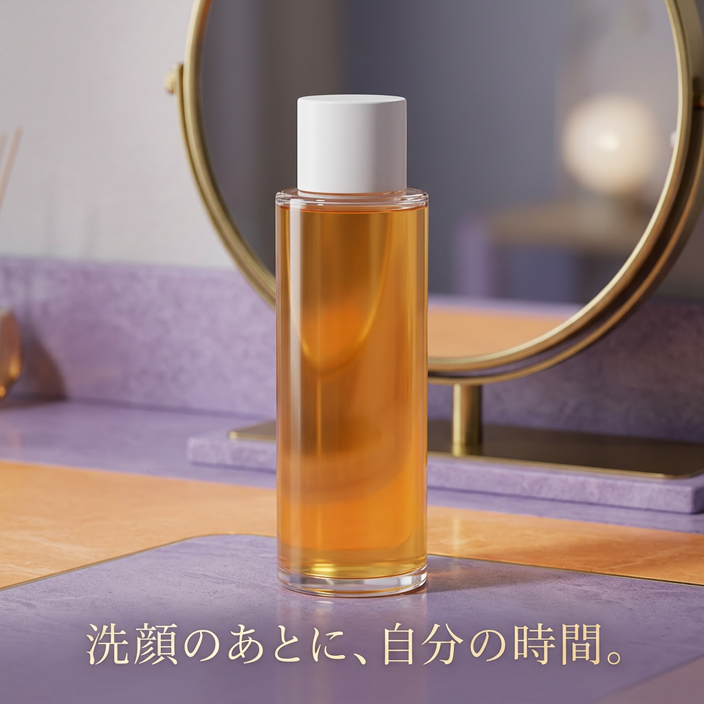 鏡のそばに置いた化粧水のお手入れシーン