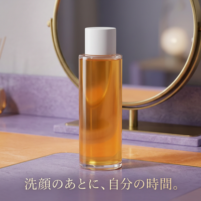 鏡のそばに置いた化粧水のお手入れシーン