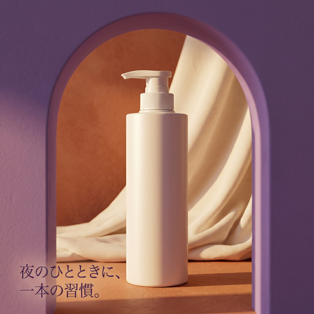 ラベンダーのアーチ越しに乳液を眺める夜の空間イメージ