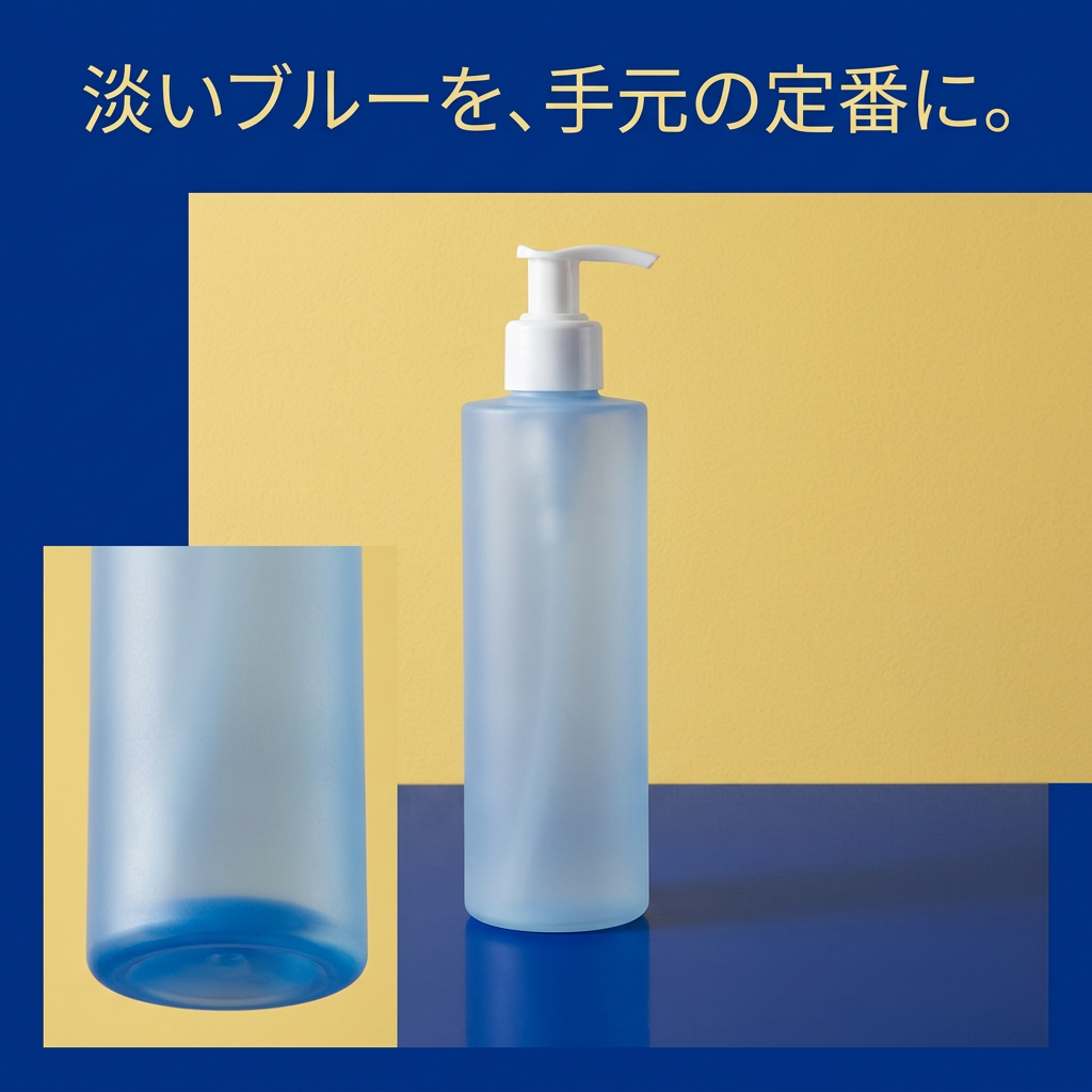淡いブルーの容器上部と底部を紹介する画像