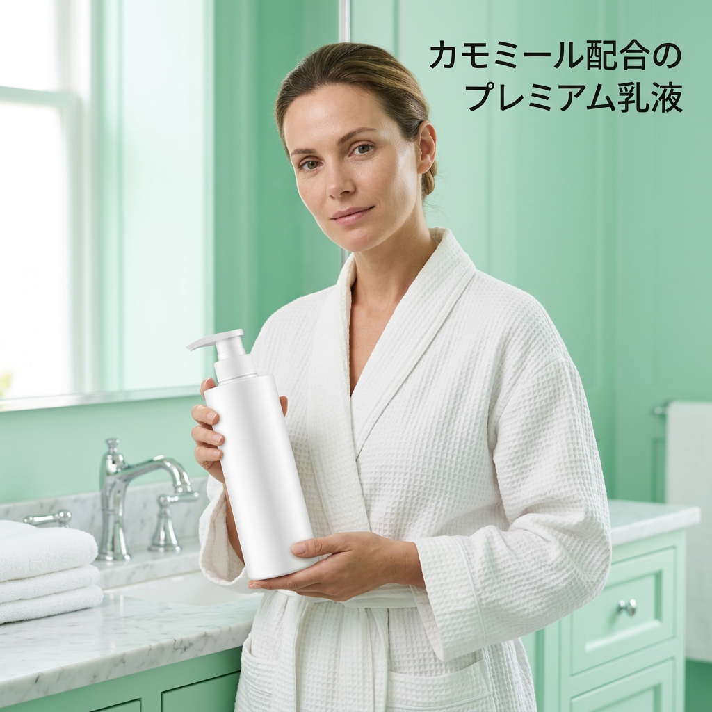 明るい洗面台で女性モデルが乳液ボトルを持つイメージ