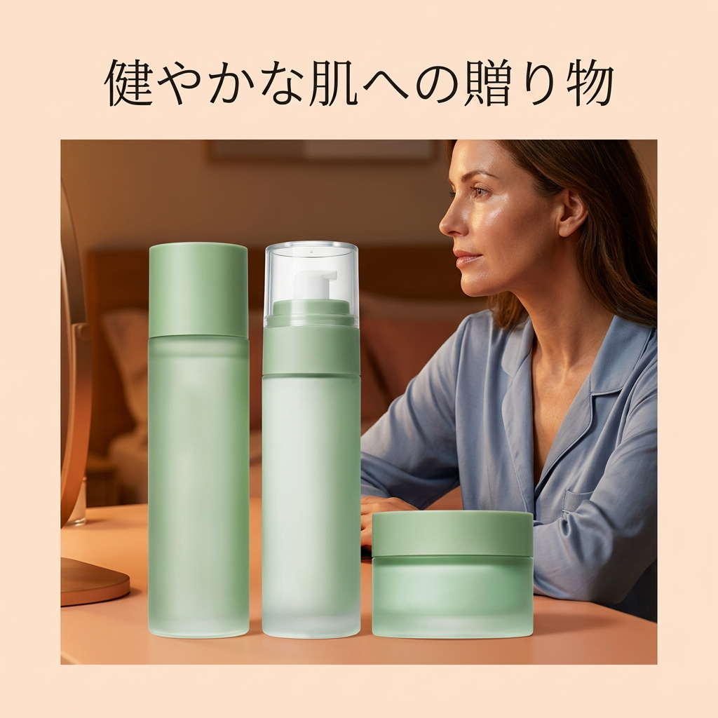 くつろぐ女性モデルと手前のスキンケア三点セット
