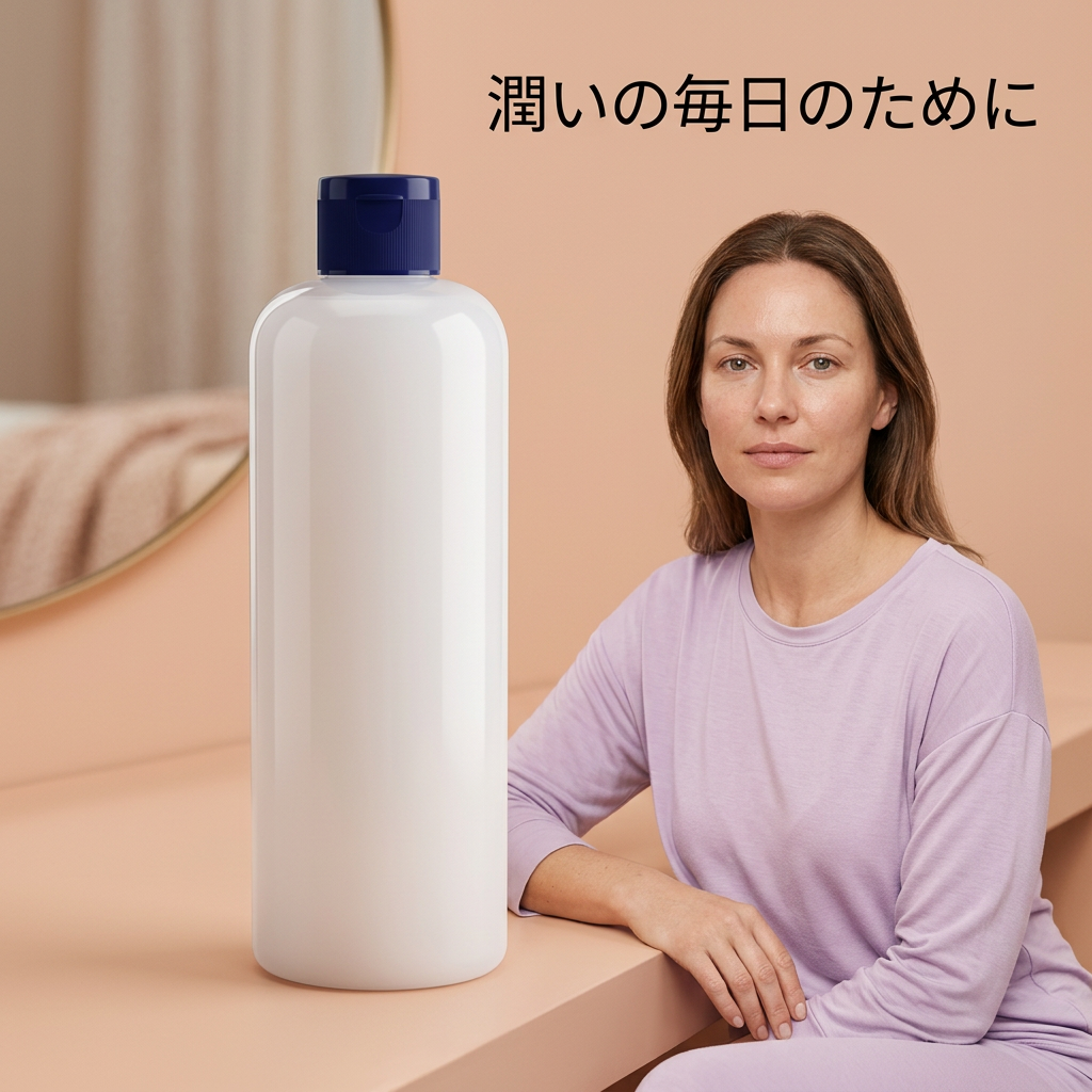 くつろぎの空間に女性モデルとハトムギ化粧水を配置したイメージ