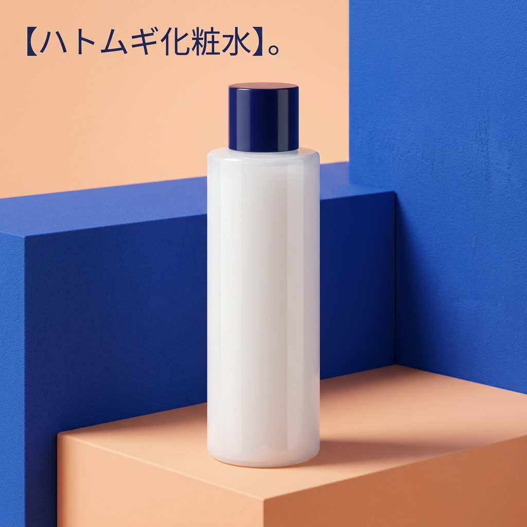ピーチとブルーの背景に置いたハトムギ化粧水