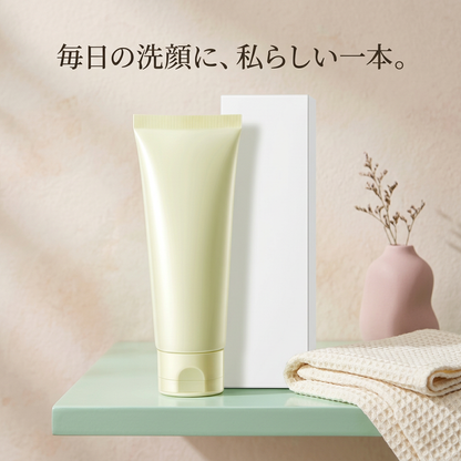 ミント色の棚とタオルを添えた洗顔料の画像