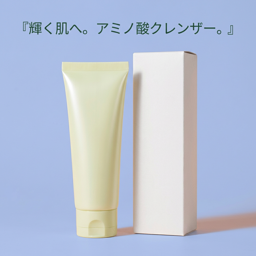 青紫の背景で斜めから見た洗顔チューブと外箱