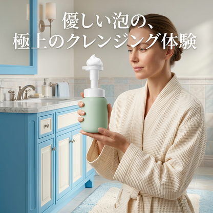 明るい洗面台で女性モデルがボトルを持つイメージ