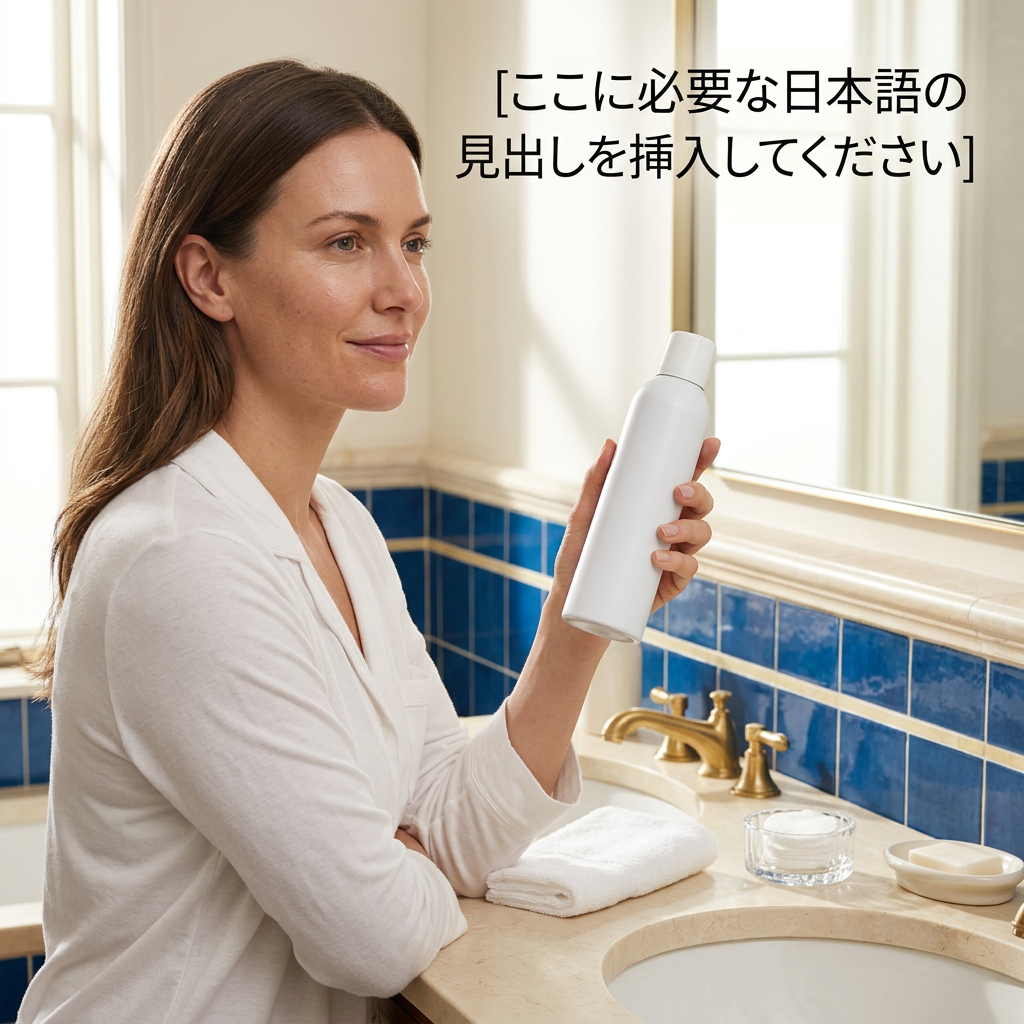明るい洗面台で女性モデルが白いボトルを持つイメージ